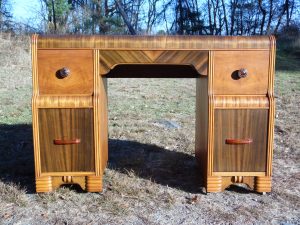 Antique 4 Drawer Bakelite Walnut Art Deco Waterfall Kneehole Office Desk 1930's