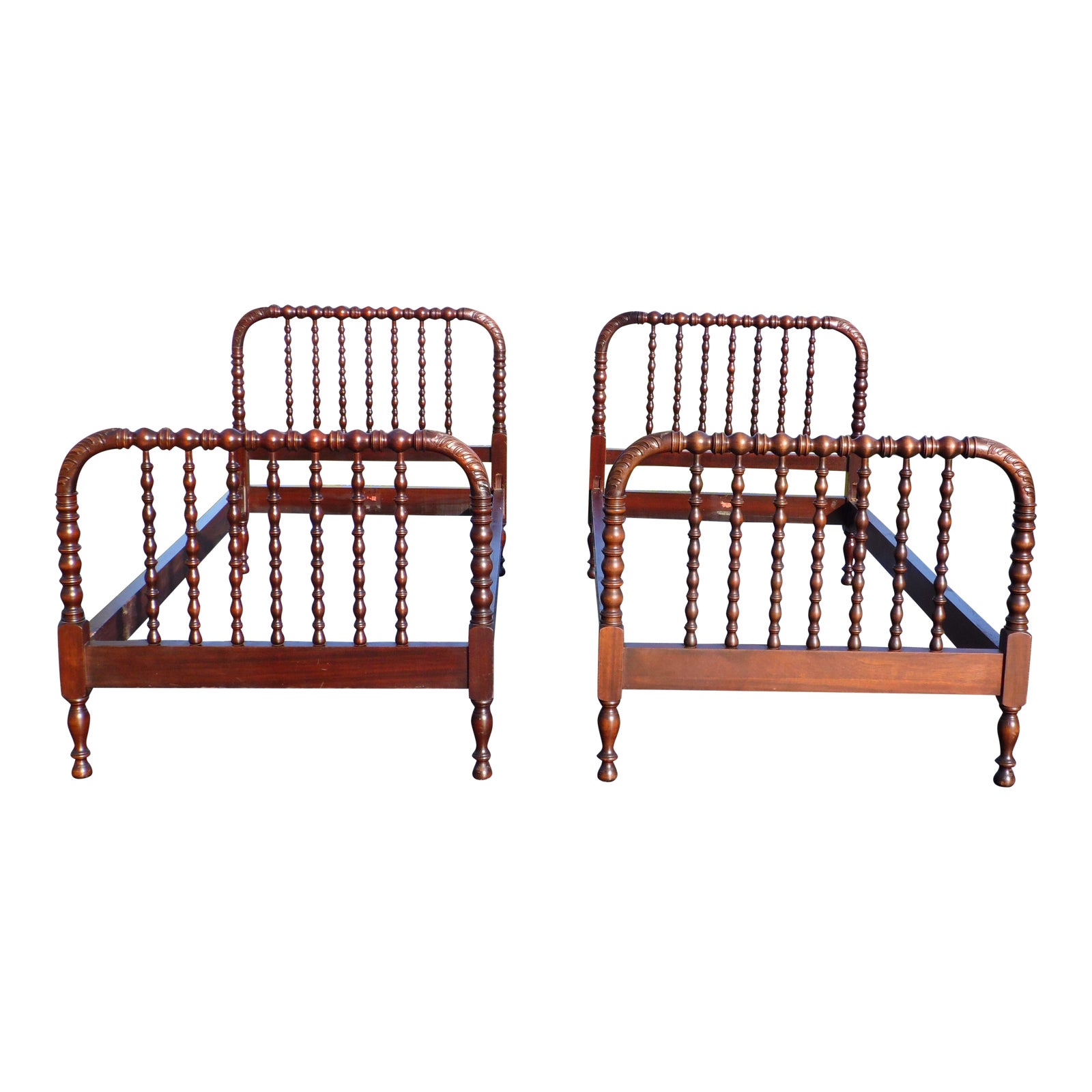 Antique Pair 19th C Solid Mahogany Twin, Twin Size Spindle Bed