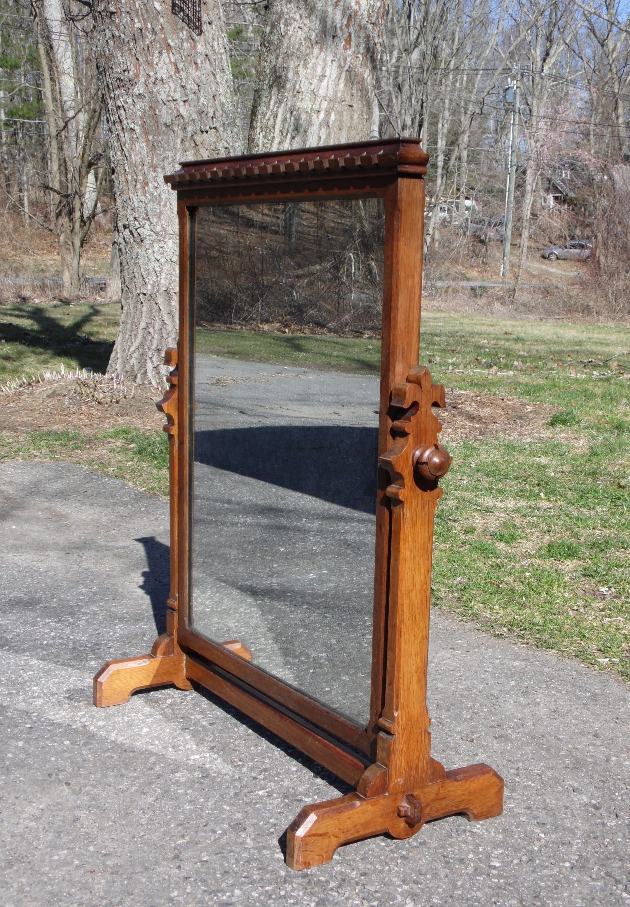 Antique Oak Wood Frame Free Standing, Swivel Floor Standing Mirror