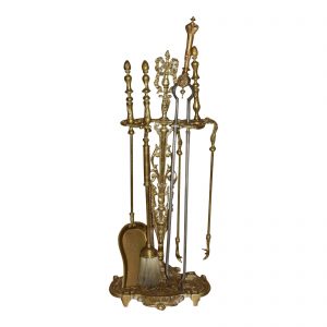 Vintage Art Nouveau Solid Brass Fireplace Tools Set & Stand