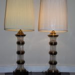 Vintage Pair Hollywood Regency Chapman Banded Brass & Crystal Glass Table  Lamps