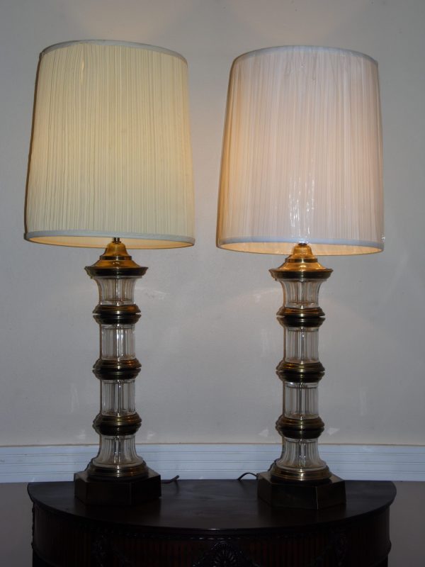 Vintage Pair Hollywood Regency Chapman Banded Brass & Crystal Glass Table Lamps