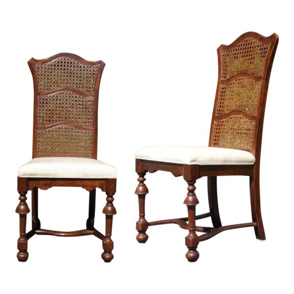 Vintage Pair Ethan Allen Jacobean Style Cane High Back Dining Chairs