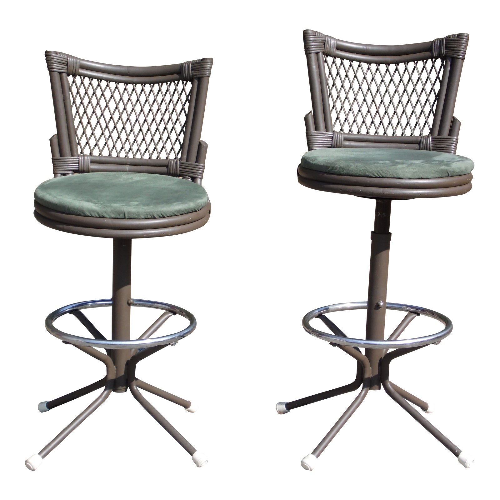 Vintage Pair Mid Century Modern Wrought, French Country Bar Stools Swivel Wrought Iron