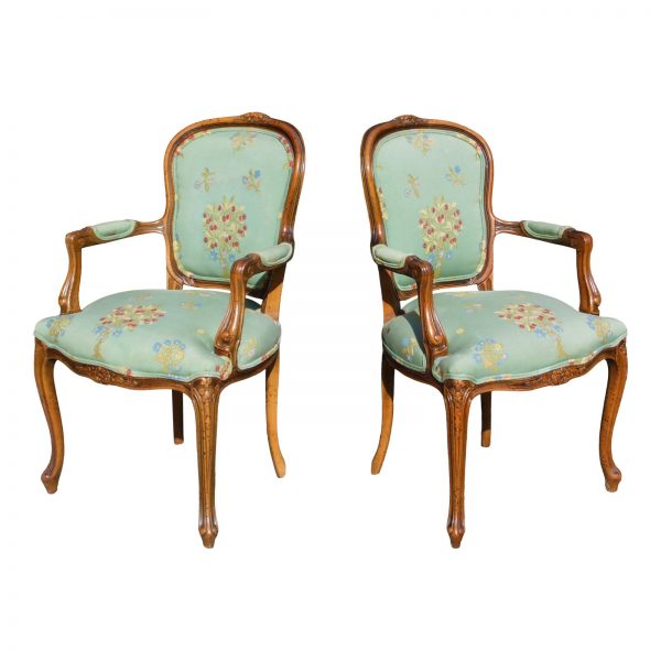 Vintage Pair French Provincial Louis XV Style Fauteuil Bergere Arm Chairs