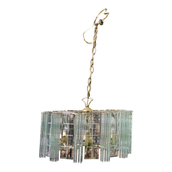 Vintage 6 Arm Brass Beveled Glass Panel Glass Rod Chandelier Hanging Swag Light
