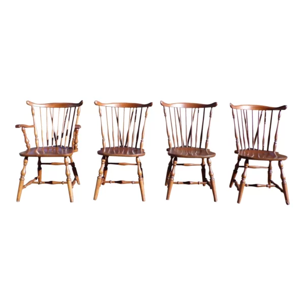 Vintage Set 4 Watkins Furniture Cherry Fiddleback Brace Back Windsor Chairs