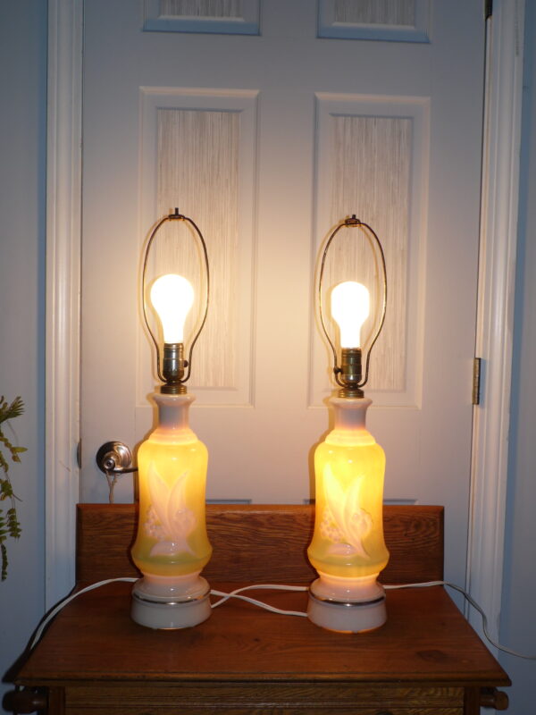 Vintage Pair Aladdin Chartreuse Lily of the Valley Alacite Glass Table Lamps