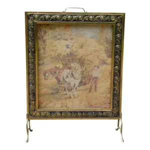 Vintage English Tapestry & Brass Fire Screen Fireplace Screen