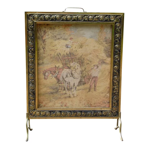 Vintage English Tapestry & Brass Fire Screen Fireplace Screen