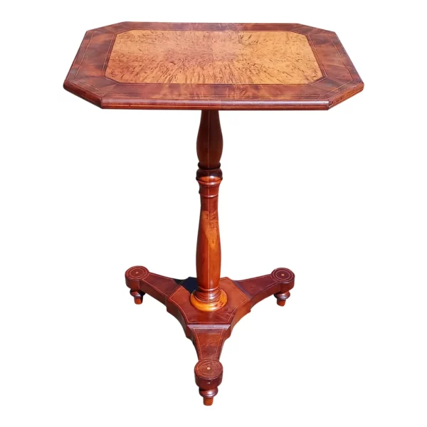 Antique Mahogany Burled Maple Center Satinwood Inlaid Tripod Base Pedestal Table