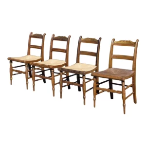 Set of 4 Antique 19th C Slat Back Rush Seat Hand Painted Dining Chairs