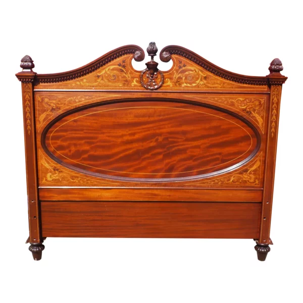 Vintage Art Nouveau Mahogany Marquetry Inlay Pediment Full Double Headboard Bed