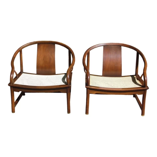 Vintage Pair Mid Century Walnut Baker Far East Caned Chairs
