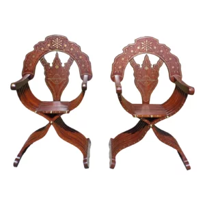 Vintage Pair Traditional Middle Eastern Teak Brass Inlaid Savonarola Chairs
