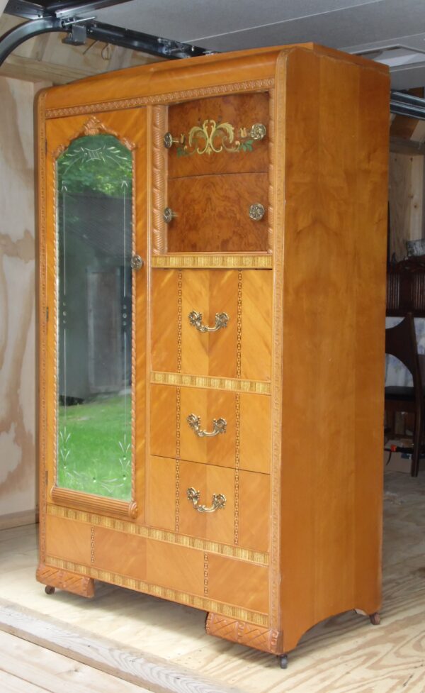 Vintage Art Deco Waterfall Chifferobe Armoire Wardrobe Closet Desk Mirror