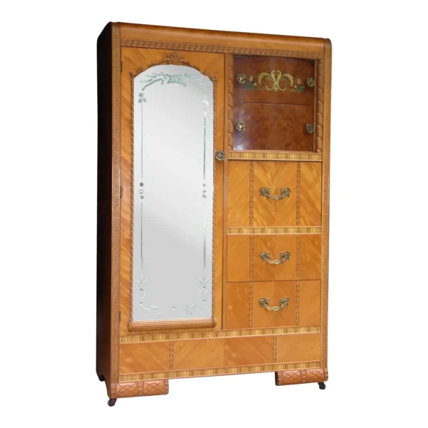 Vintage Art Deco Waterfall Chifferobe Armoire Wardrobe Closet Desk Mirror