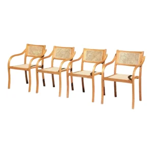 Vintage Mid Century Set of 4 Bentwood Caned Arm Dining Chairs Stackable