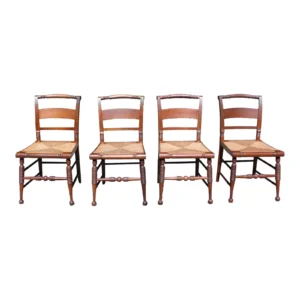 Antique Set of 4 Solid Walnut Rush Seat Slat Back Hitchcock Style Chairs