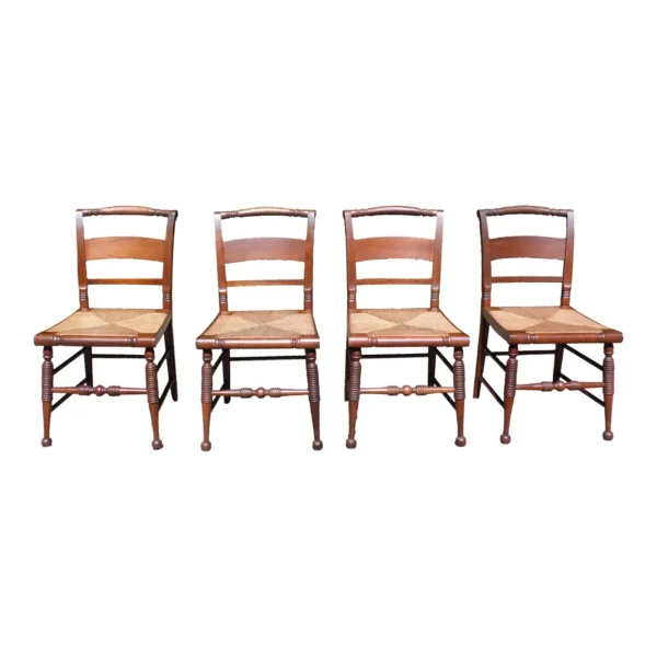 Antique Set of 4 Solid Walnut Rush Seat Slat Back Hitchcock Style Chairs