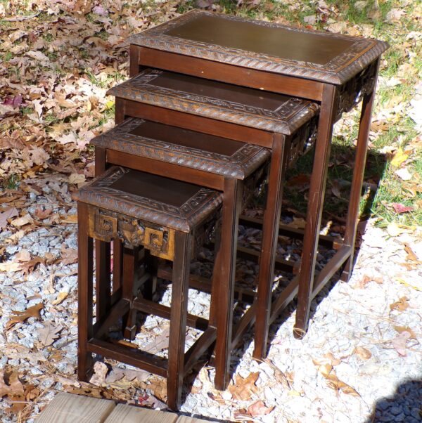 Vintage Set of 4 Asian Solid Wood Hand Carved Nesting Tables - Image 2