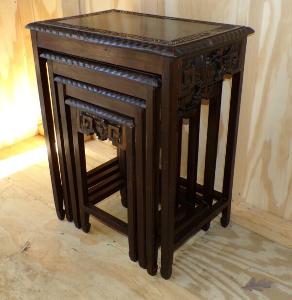 Vintage Set of 4 Asian Solid Wood Hand Carved Nesting Tables - Image 3