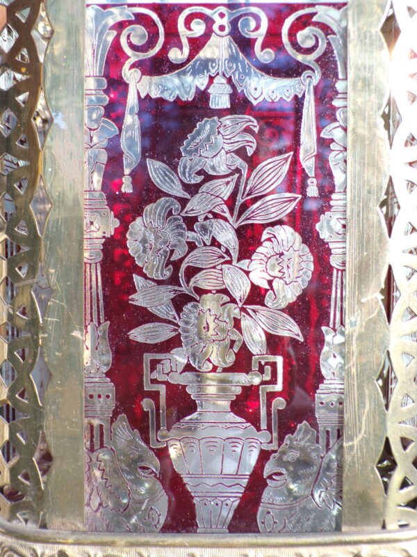 Antique Brass Hall Fixture Pull Down Hanging Light Chandelier Ruby Glass Panels - Image 3