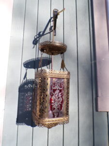 Antique Brass Hall Fixture Pull Down Hanging Light Chandelier Ruby Glass Panels