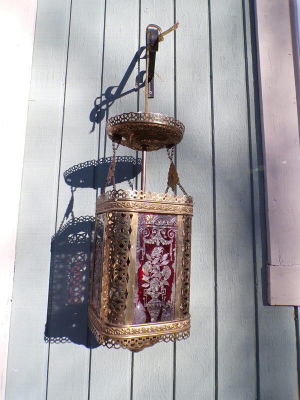 Antique Brass Hall Fixture Pull Down Hanging Light Chandelier Ruby Glass Panels