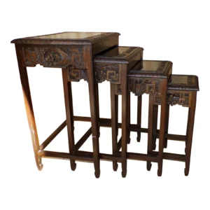 Vintage Set of 4 Asian Solid Wood Hand Carved Nesting Tables