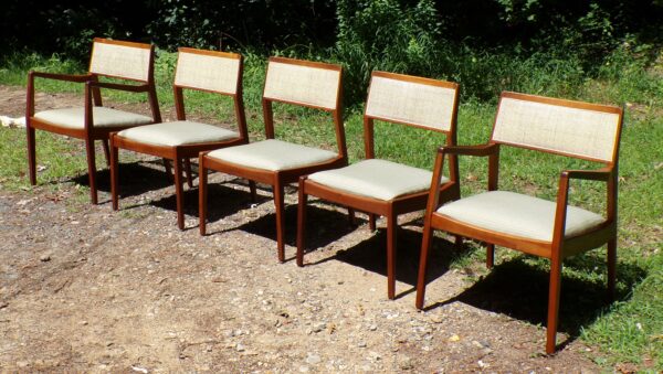 Vintage Mid Century Set of 5 Jens Risom Walnut and Caned Playboy Dining Chairs - Image 2