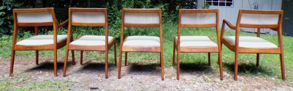 Vintage Mid Century Set of 5 Jens Risom Walnut and Caned Playboy Dining Chairs - Image 4
