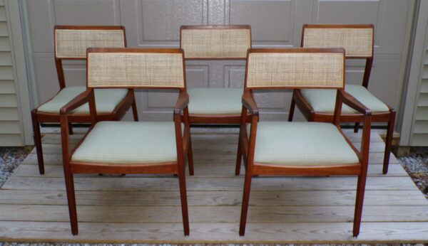 Vintage Mid Century Set of 5 Jens Risom Walnut and Caned Playboy Dining Chairs - Image 5