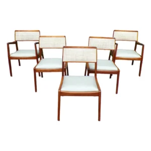 Vintage Mid Century Set of 5 Jens Risom Walnut and Caned Playboy Dining Chairs