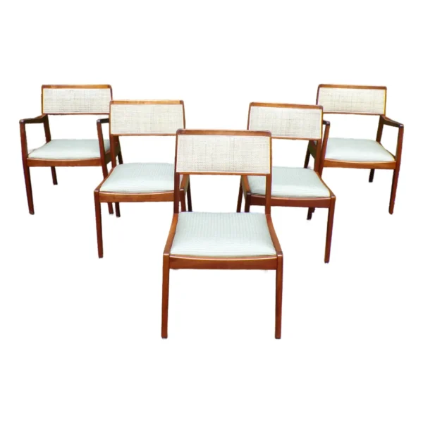 Vintage Mid Century Set of 5 Jens Risom Walnut and Caned Playboy Dining Chairs