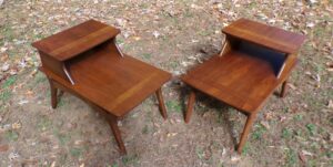Vintage Pair Mid Century Modern Walnut Two Tiered Step End Tables Baumritter