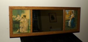 Vintage Gold Gilt Framed Mirror Two Prints Antique Tryptic Tripart Wall Mirror