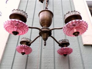 Vintage Antique 4 Arm Cranberry Glass Hobnail Chandelier Hanging Light