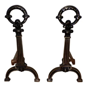 Antique Pair Art Deco Fireplace Andirons Fire Dogs Cast Iron Log Holders