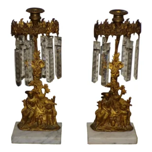 Pair Antique Victorian Girandoles Brass Marble Crystal Candelabra Candle Holders