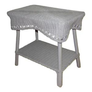 Vintage White Draped Wicker Rattan Sculpted Beaded Coffee Table Plant Stand