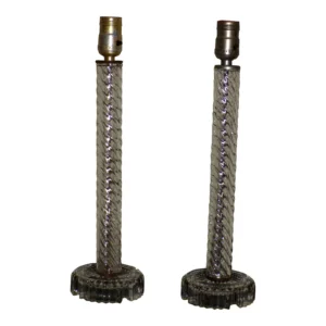 Vintage Pair Art Deco Twisted Glass Column Candlestick Table Lamps